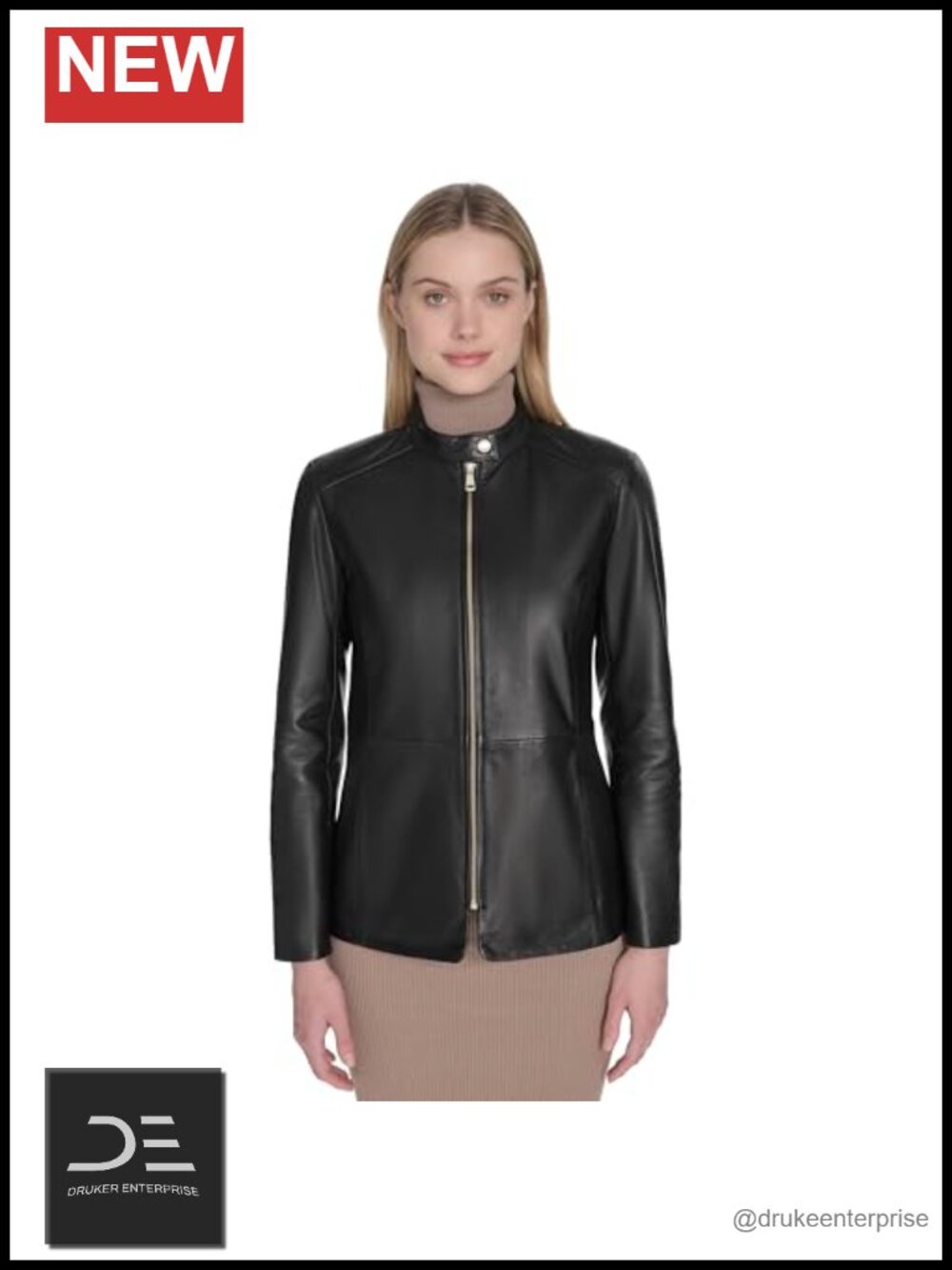 Leather Hand Stitched Classic Overcoat Band Collar Long Sleeve